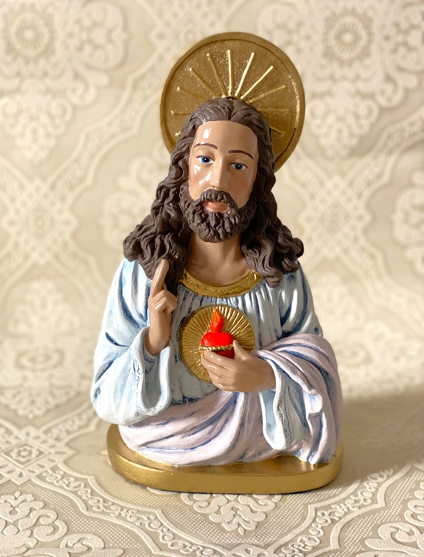 Busto de Sagrado Coração de Jesus 30cm envelhecimento azul